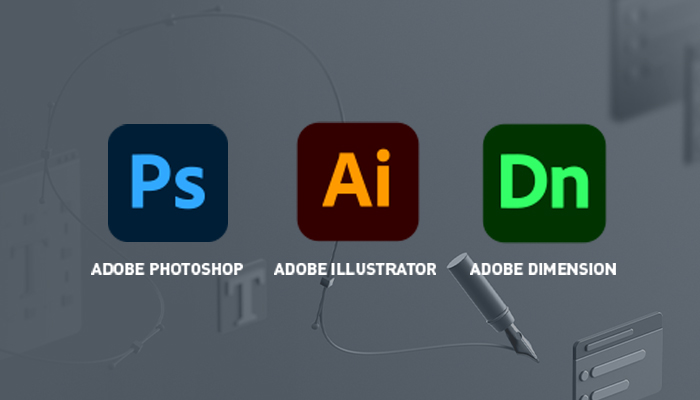 Tre icone di applicazioni Adobe: Photoshop (Ps blu), Illustrator (Ai arancione) e Dimension (Dn verde), su sfondo grigio.