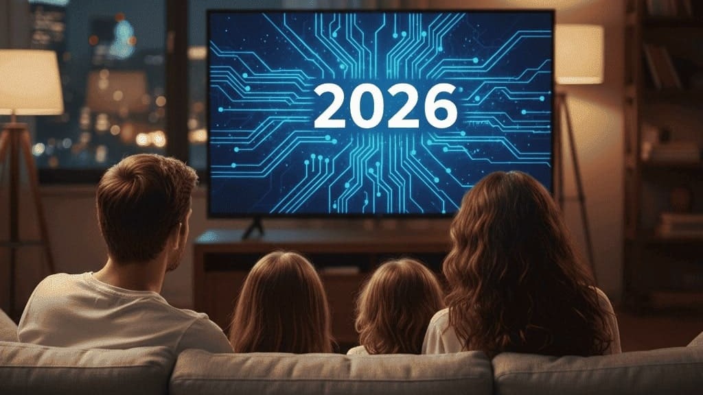Una famiglia guarda la TV in cui compare una scritta 2026