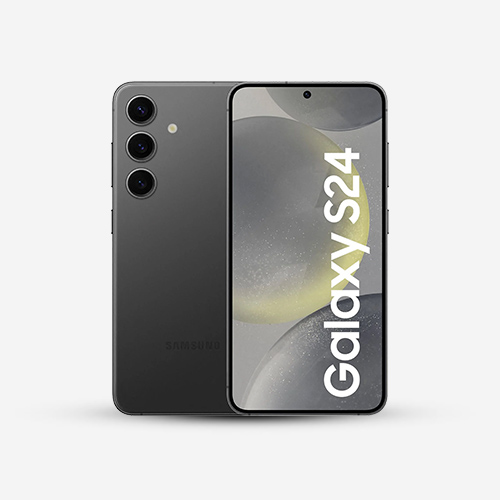 Un telefono grigio mostra tre obiettivi della fotocamera. Lo schermo visualizza "Galaxy S24".