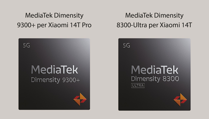 Due chip MediaTek con scritte "5G", "MediaTek Dimensity 9300+" e "MediaTek Dimensity 8300 Ultra" su sfondo grigio.