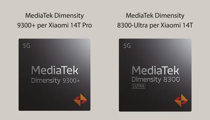 Due chip MediaTek con scritte "5G", "MediaTek Dimensity 9300+" e "MediaTek Dimensity 8300 Ultra" su sfondo grigio.