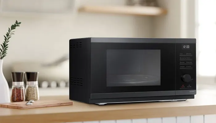 Un microonde nero chiuso su un tavolo da cucina