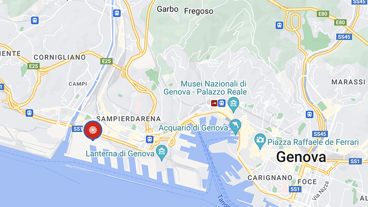 Mappa di Genova con strade, autostrade, nomi di quartieri e punti di interesse come l'Acquario. Un segnaposto rosso indica Sampierdarena.
