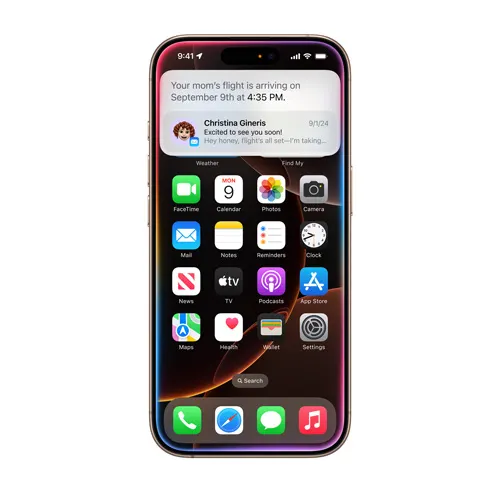 Schermo di smartphone con notifiche e icone di varie app su sfondo scuro con elementi grafici arancioni.