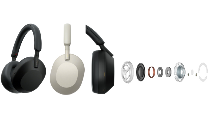 Cuffie nere e bianche, con vista esplosa dei componenti interni su sfondo bianco.