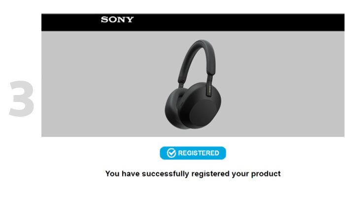 Cuffie nere al centro, con logo Sony in alto. In basso, testo conferma registrazione prodotto e numero "3" a sinistra.