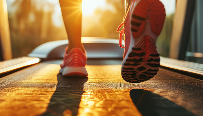 Scarpe da ginnastica rosse su un tapis roulant con una luce solare intensa sullo sfondo.