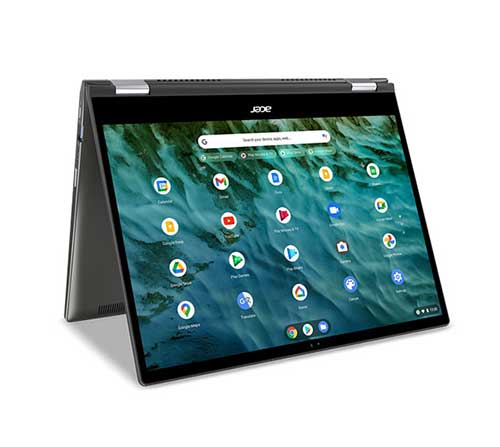 Tablet nero aperto su una superficie bianca, che mostra un menu con icone colorate su sfondo blu.