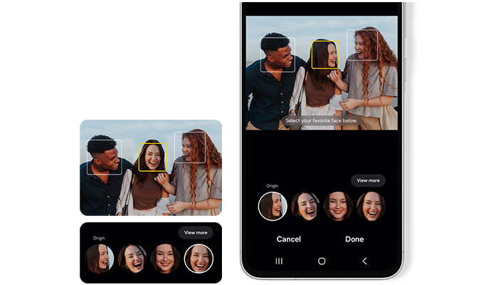 Schermata di un cellulare che mostra persone con cornici sui volti e opzioni di selezione facciale per l'editing di foto.