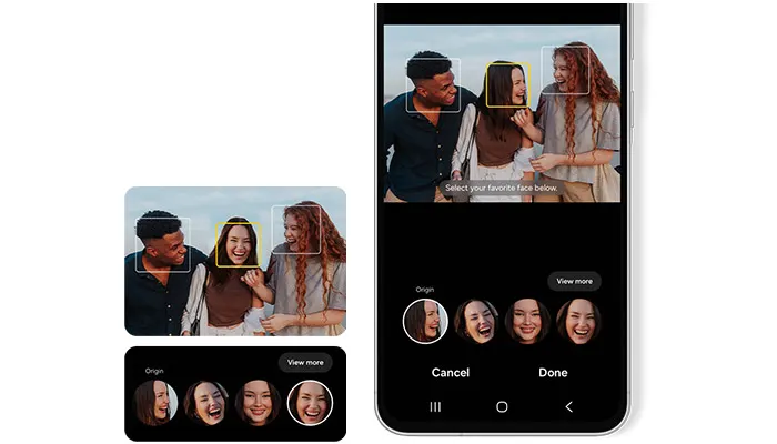 Schermata di un cellulare che mostra persone con cornici sui volti e opzioni di selezione facciale per l'editing di foto.