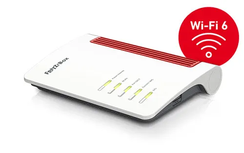 Router bianco con strisce rosse e luci gialle su sfondo bianco. Un cerchio rosso indica "Wi-Fi 6".