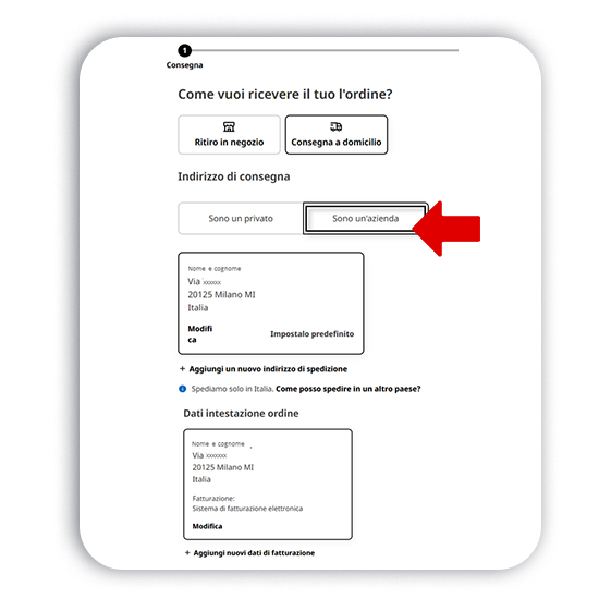 Pagina web bianca con opzioni di consegna e freccia rossa che indica "Sono un'azienda".