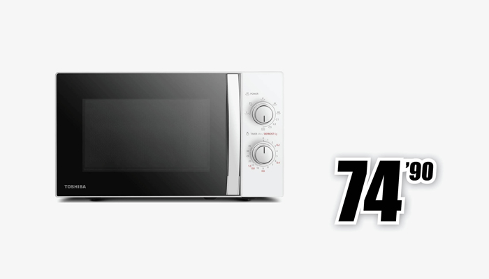 Microonde Toshiba bianco e nero con due manopole, accanto al numero nero "74.90" su sfondo bianco.