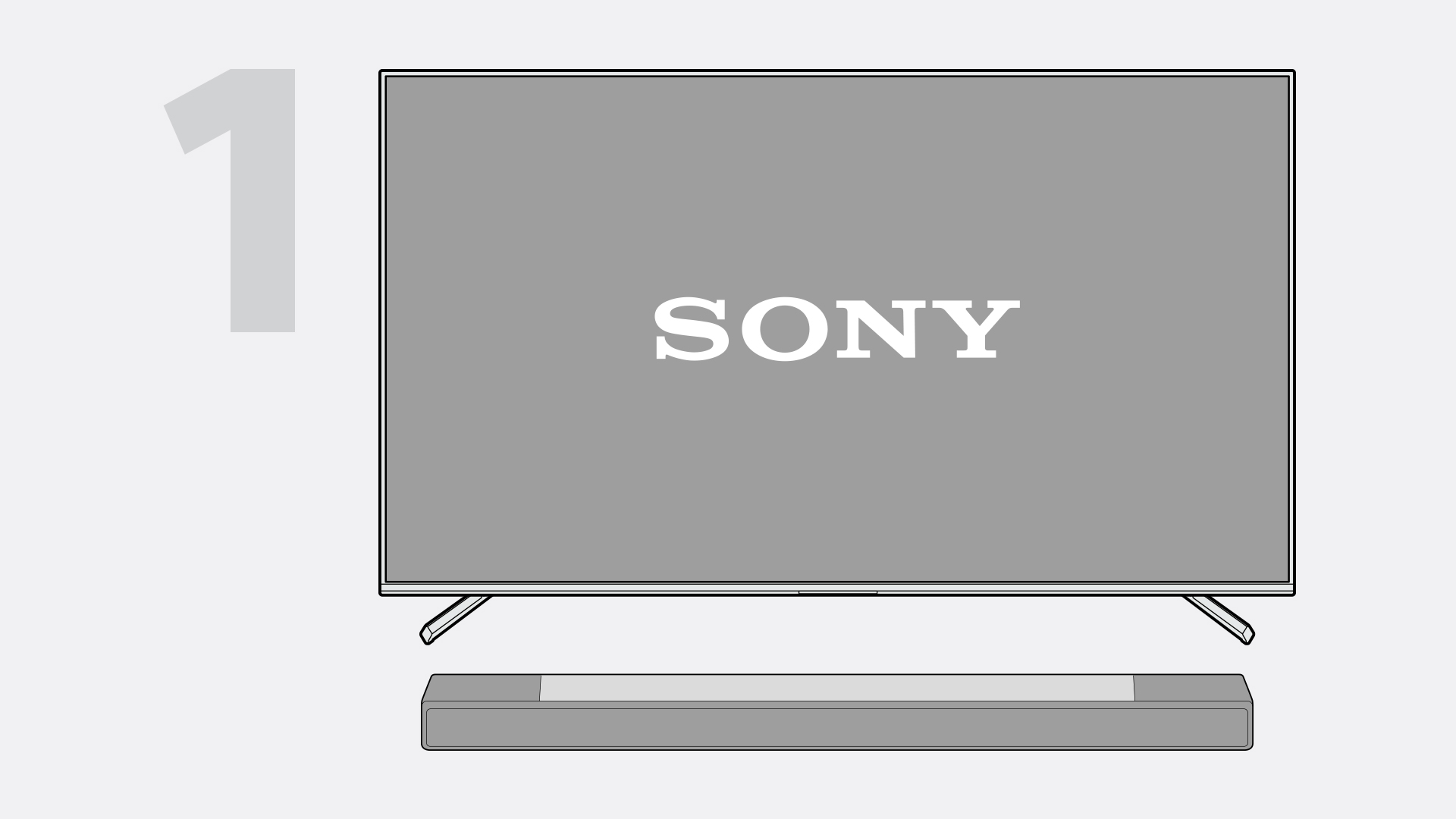 Schermo TV Sony grigio su base, con soundbar sotto. A sinistra, grande numero 1 grigio.