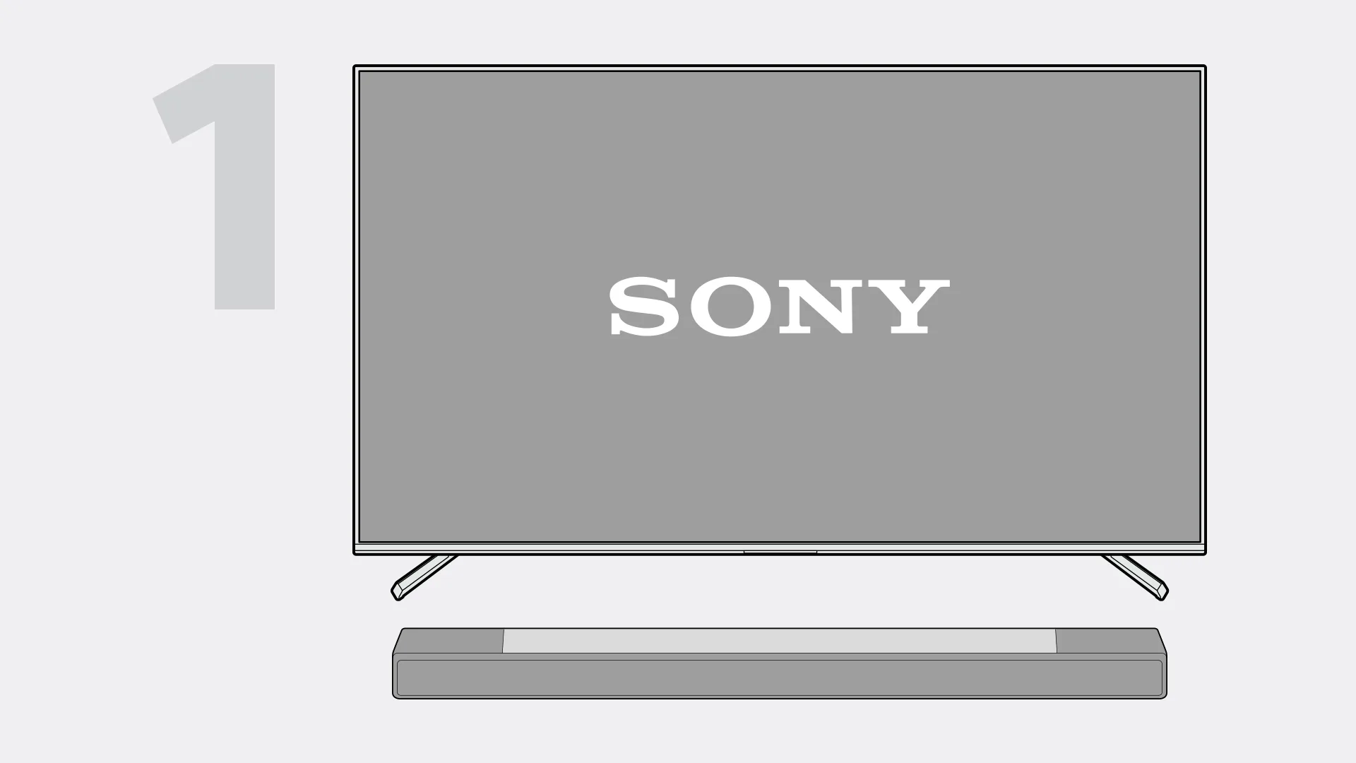 Schermo TV Sony grigio su base, con soundbar sotto. A sinistra, grande numero 1 grigio.