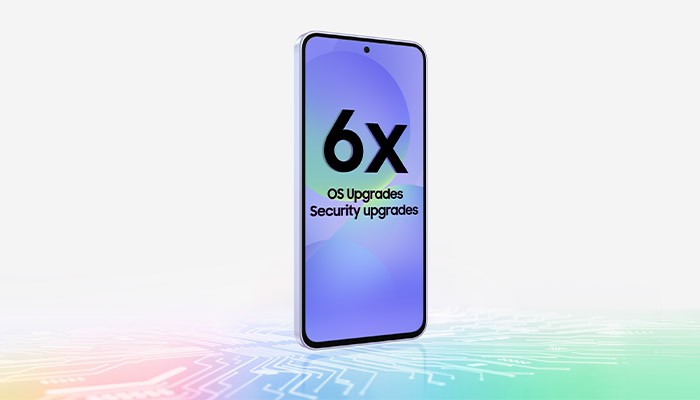 Un telefono mostra "6x OS Upgrades Security upgrades" su uno sfondo blu e bianco su un motivo di circuito colorato.