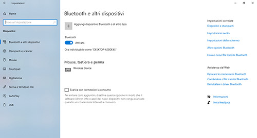Schermata impostazioni Bluetooth su Windows. Opzioni per aggiungere dispositivi e gestire connessioni attive.
