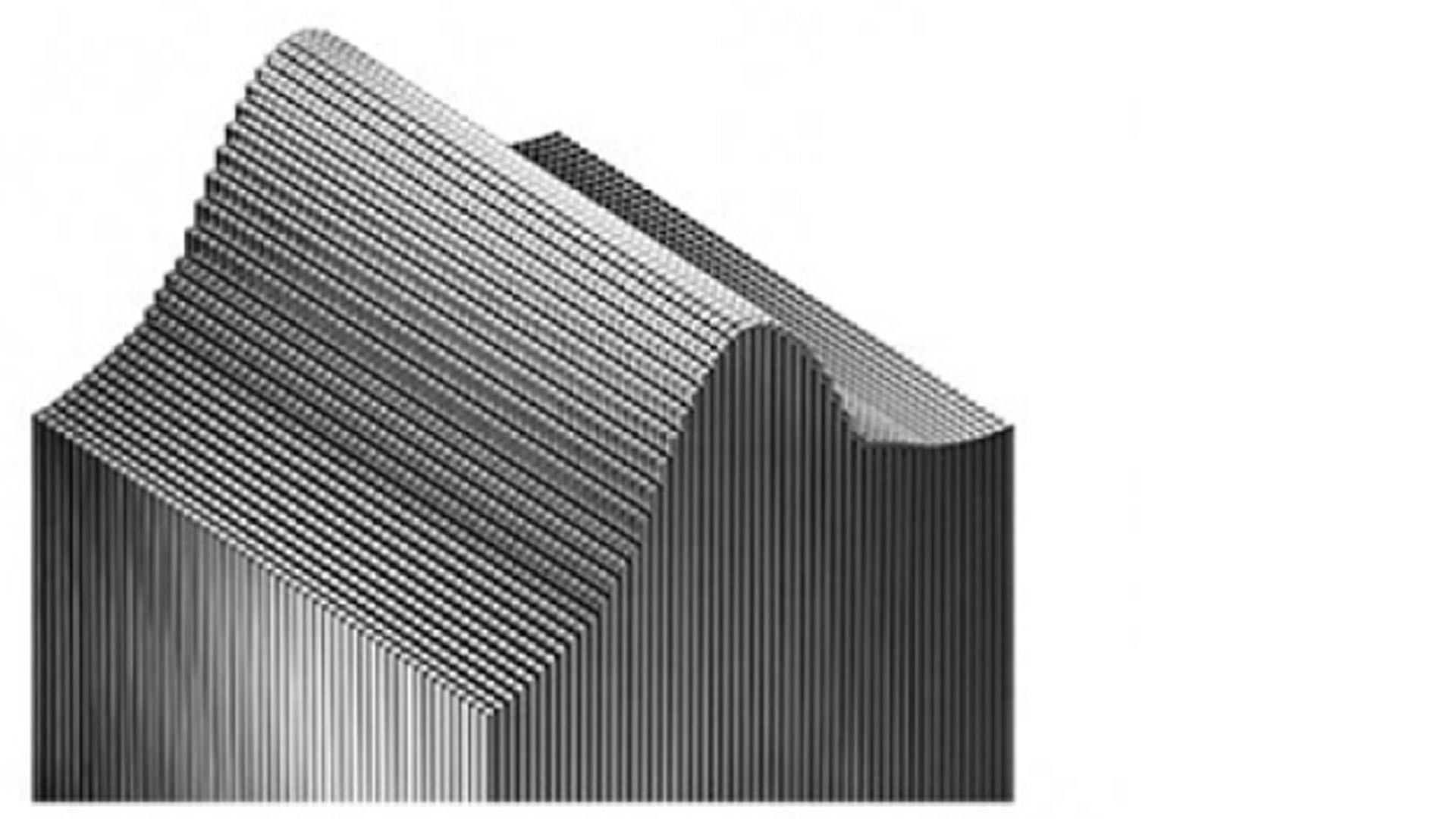 Un oggetto geometrico a righe verticali bianche e nere, con una sezione superiore ondulata su sfondo bianco.