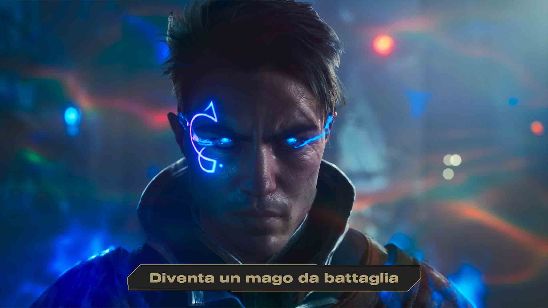 Ritratto di uomo con occhi blu luminosi e segni blu sul viso. Sfondo sfocato con luci colorate.