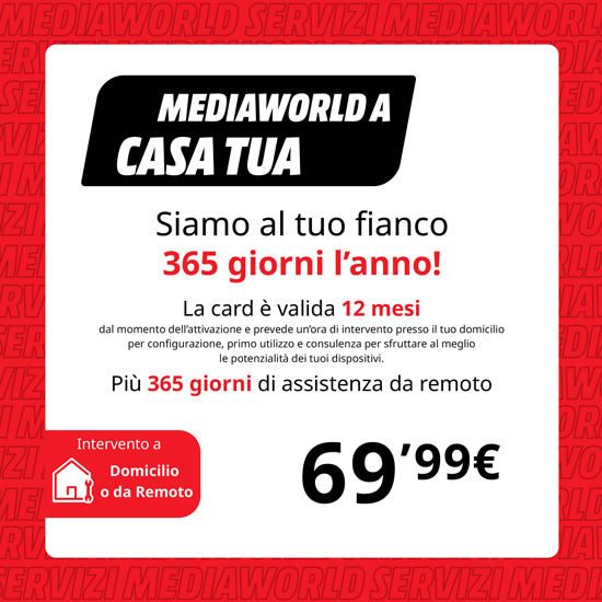 Promozione Mediaworld: card di assistenza a domicilio o da remoto, valida 12 mesi, al costo di 69,99 euro.