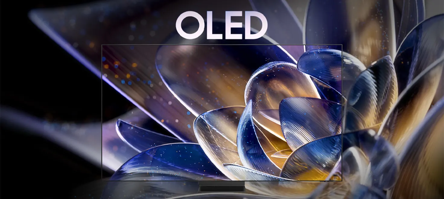 Logo OLED su uno sfondo di un'immagine AI con un giore di colore blu e oro
