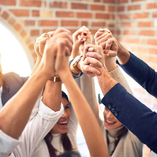 Un gruppo di persone con le mani alzate e unite, che sorridono, su sfondo di muro di mattoni.