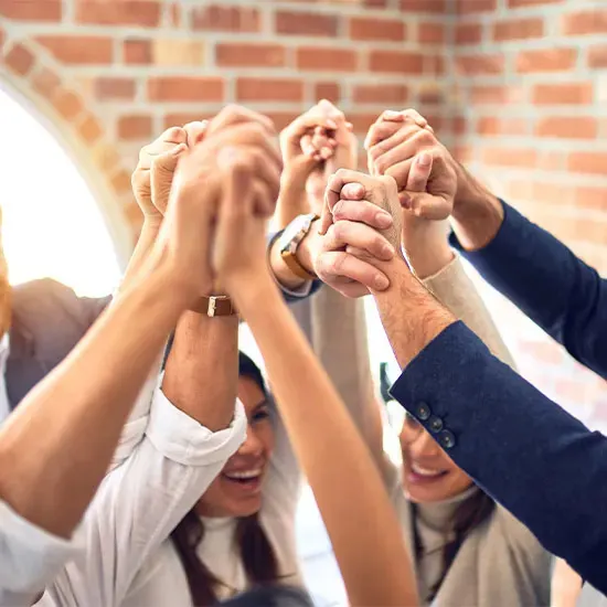 Un gruppo di persone con le mani alzate e unite, che sorridono, su sfondo di muro di mattoni.