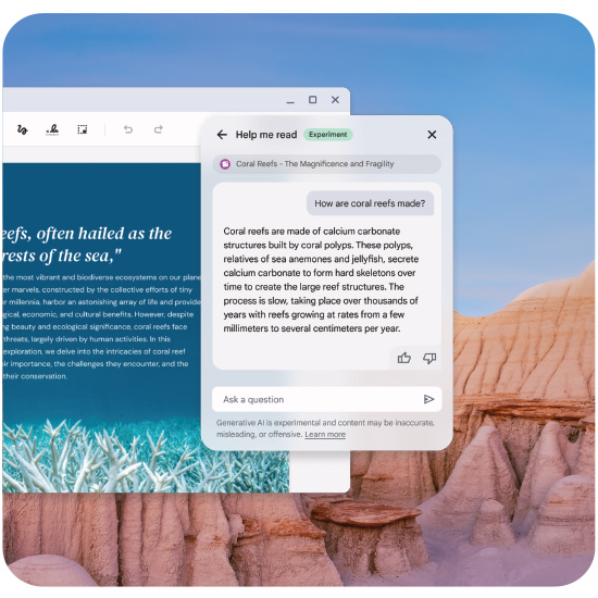 Schermata digitale mostra testo su barriere coralline su sfondo di rocce e cielo azzurro.