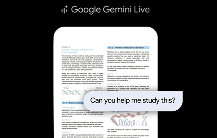 Testo con "Google Gemini Live" in alto. Un documento con testo e un fumetto recitano: "Puoi aiutarmi a studiare questo?"