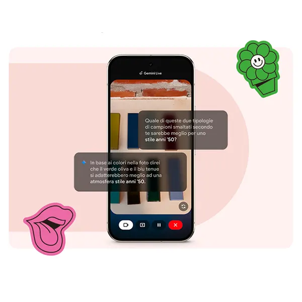 Smartphone che mostra campioni di colore, con adesivi a forma di labbra rosa e fiore verde su sfondo rosa.