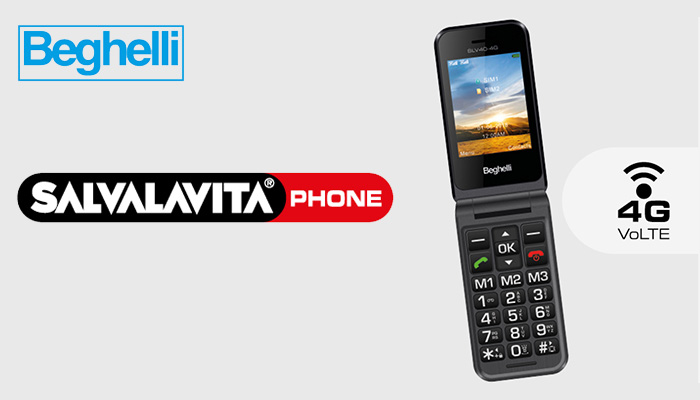 Cellulare Beghelli a conchiglia aperto, tasti grandi, logo Beghelli, logo Salvalavita Phone e simbolo 4G Volte.