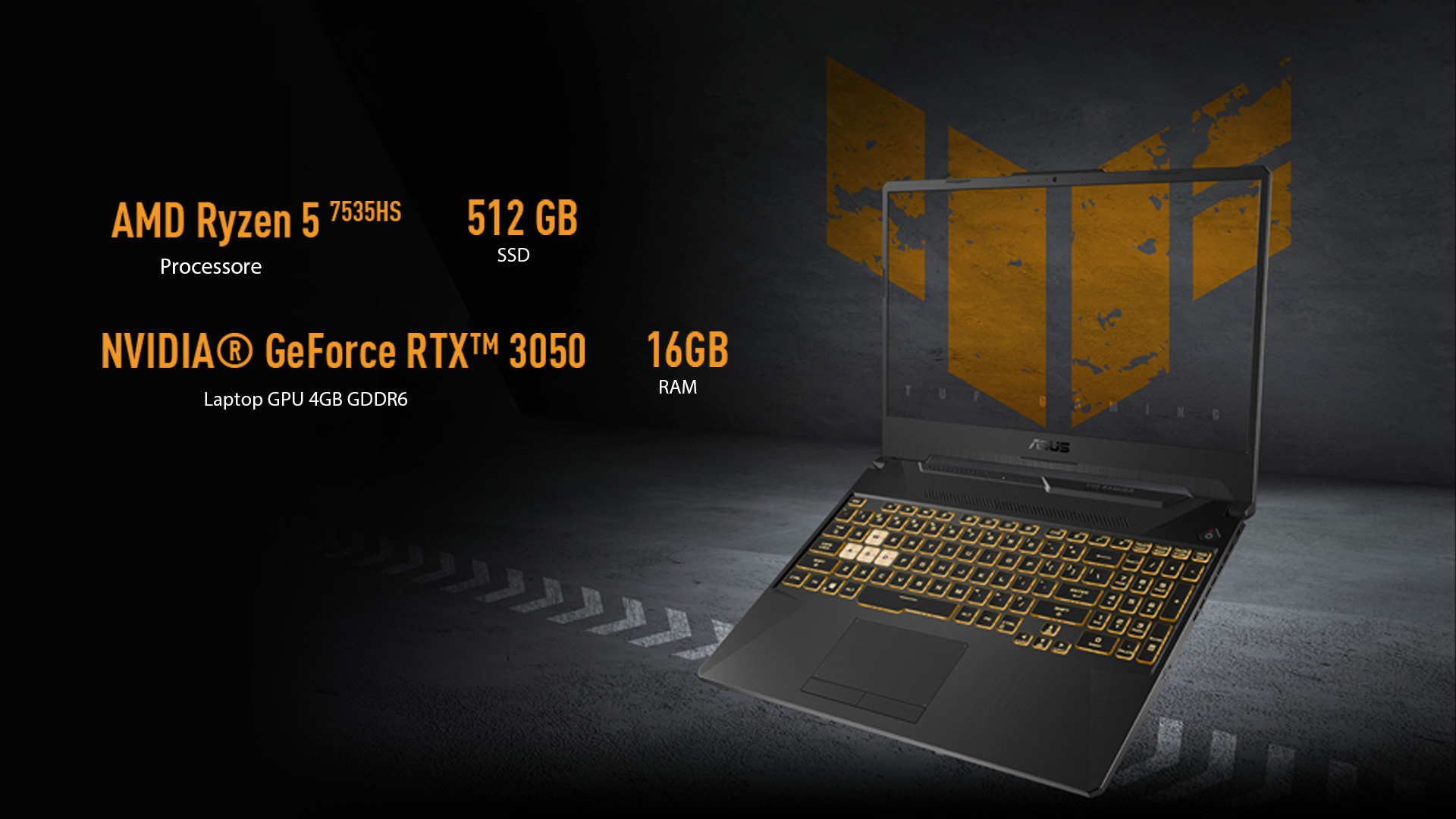 Laptop nero aperto con tastiera retroilluminata gialla, logo giallo sullo sfondo e specifiche tecniche a sinistra.