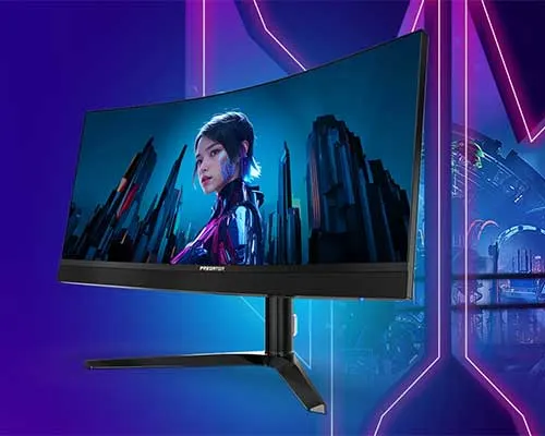 Monitor curvo nero su sfondo blu con luci viola. Sullo schermo, immagine di citt� futuristica con persona in primo piano.