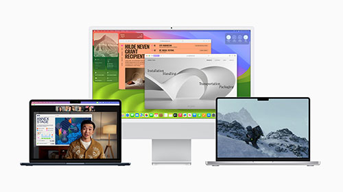 Su sfondo bianco, un computer desktop e due portatili mostrano diverse schermate di programmi.