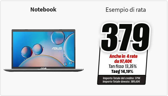 Notebook ASUS su sfondo chiaro, affiancato da prezzo in evidenza e dettagli finanziari relativi all'acquisto a rate.