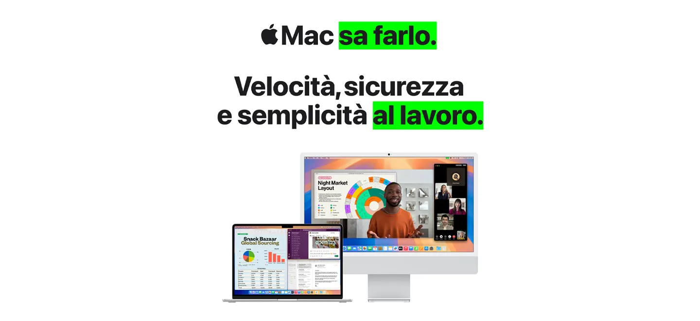 Un MacBook Air da 15 pollici color argento aperto e con le app Mail, Numbers e Slack in funzione, accanto a un iMac da 24 pollici su cui compare una persona che fa una presentazione Keynote su FaceTime