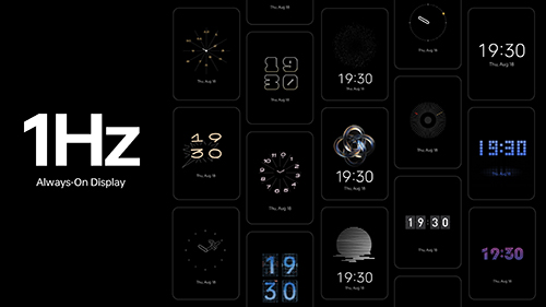 Schermate nere multiple mostrano orologi digitali e analogici, con la scritta "1Hz Always-On Display" a sinistra.