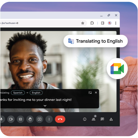 Schermata di videochiamata su browser web con icone di controllo nella parte inferiore e un uomo sorridente.
