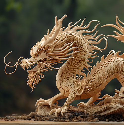 Scultura dettagliata di un drago in legno chiaro, con squame e lunghe antenne, su una base di legno scuro. Lo sfondo � sfocato e verde.