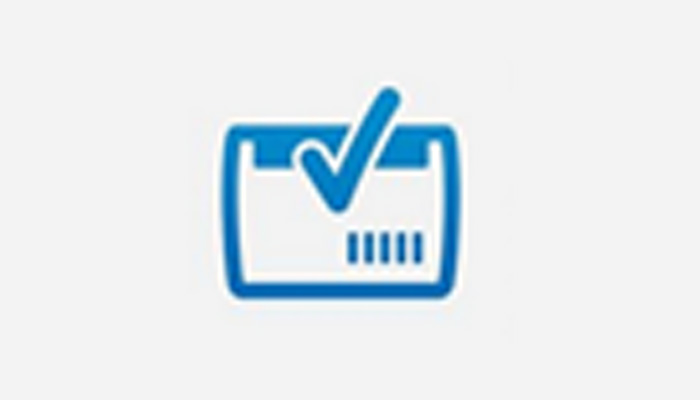 Icona blu: rettangolo con segno di spunta e cinque linee verticali.