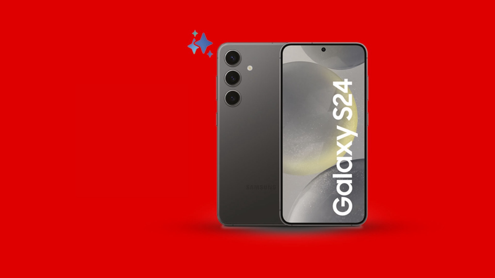 Primo piano di un telefono Galaxy S24 su sfondo rosso. La parte posteriore mostra tre obiettivi della fotocamera.