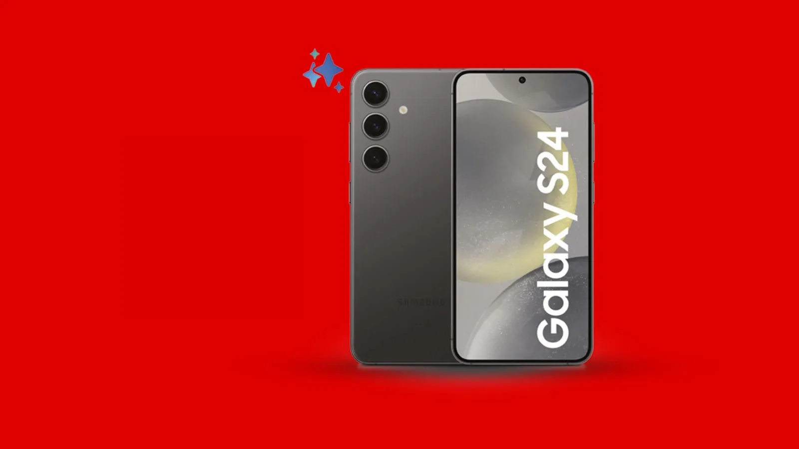 Primo piano di un telefono Galaxy S24 su sfondo rosso. La parte posteriore mostra tre obiettivi della fotocamera.