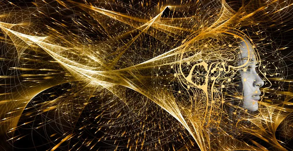 Figura stilizzata di profilo con linee dorate su sfondo scuro, che simula connessioni neurali e fasci luminosi.