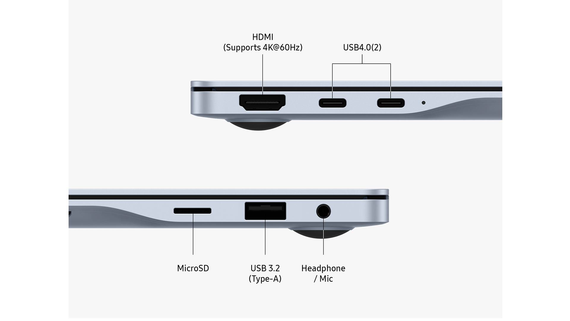 Lato destro e sinistro di un laptop argentato che mostra porte HDMI, USB, cuffie e lettore di schede.