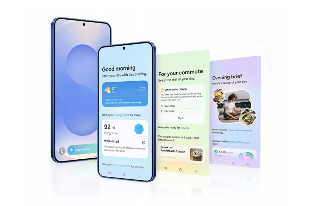 Tre telefoni mostrano schermate di informazioni giornaliere come meteo, notizie e promemoria con interfacce utente blu e bianche.