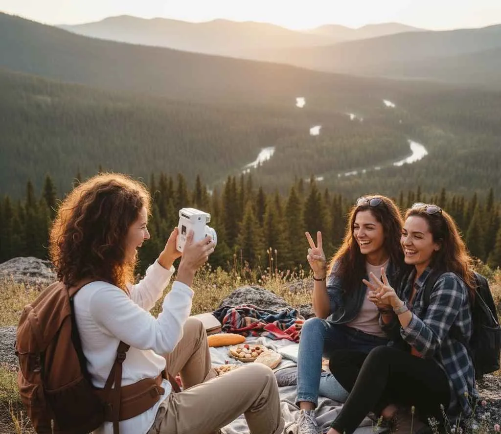 amiche in gita che scattano foto istantanee