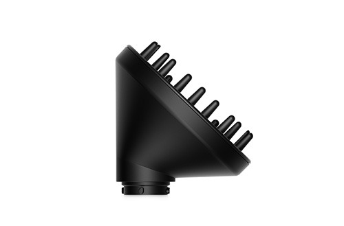 Diffusore nero per asciugacapelli con punte sporgenti, visto di lato su sfondo bianco.