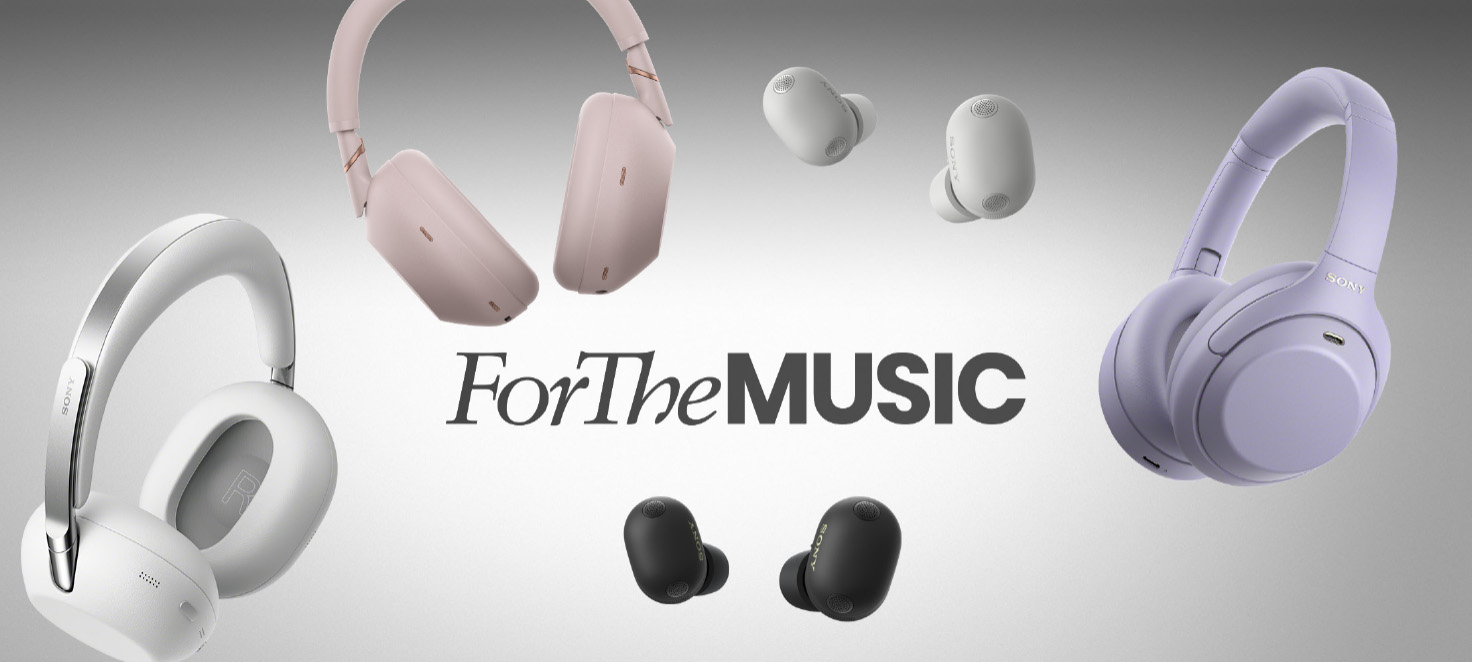 Banner Sony con cuffie e auricolari wireless in diversi colori e il logo ForTheMusic al centro.