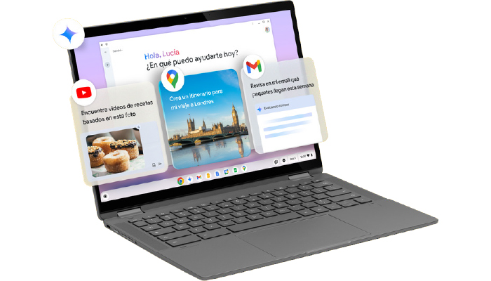 Un laptop grigio mostra notifiche di YouTube, Google Maps e Gmail sullo schermo.