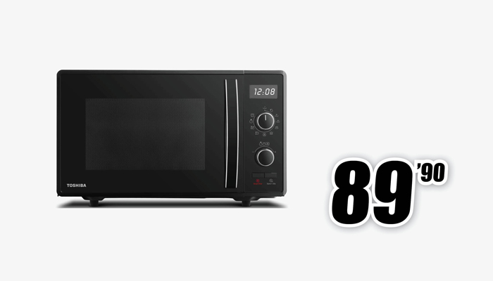 Microonde nero Toshiba con display digitale e manopole, affiancato dal prezzo di 89,90 euro.